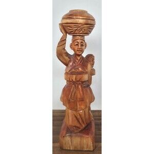 Vintage Hand Carved Wood Asian Woman Carrying Pot & Child Statue 8.5" Folk Art